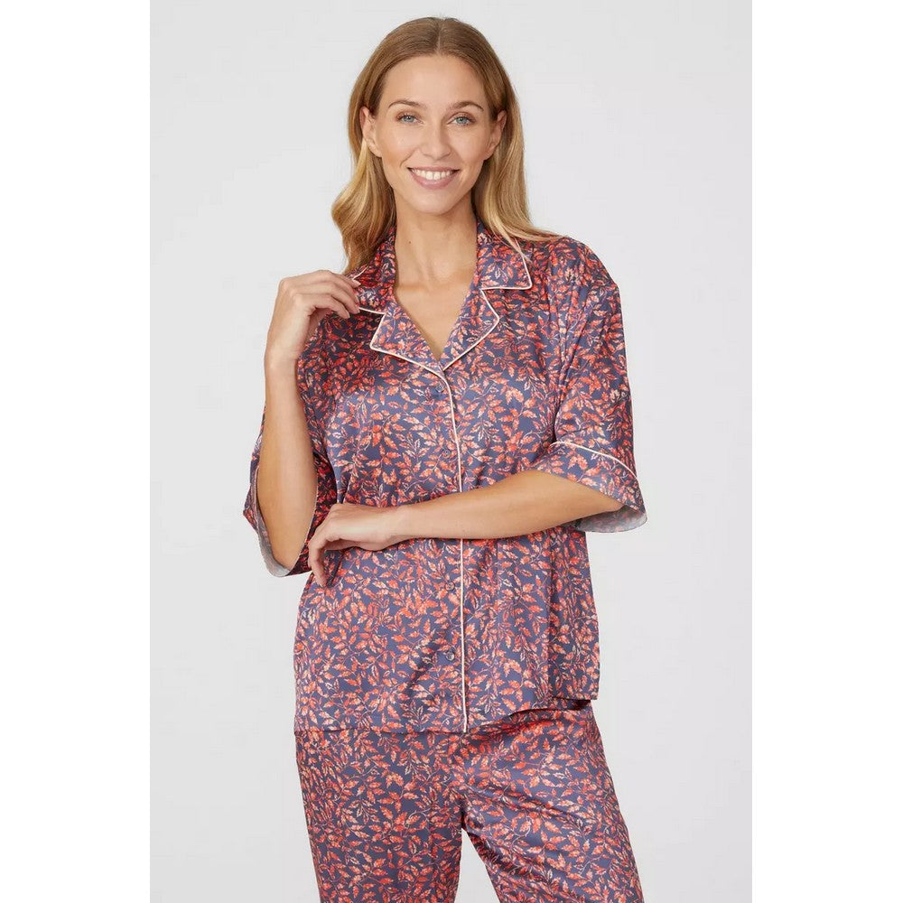 Burnt Orange - Pack Shot - Debenhams Womens-Ladies Oak Leaf Revere Collar Boxy Pyjama Set