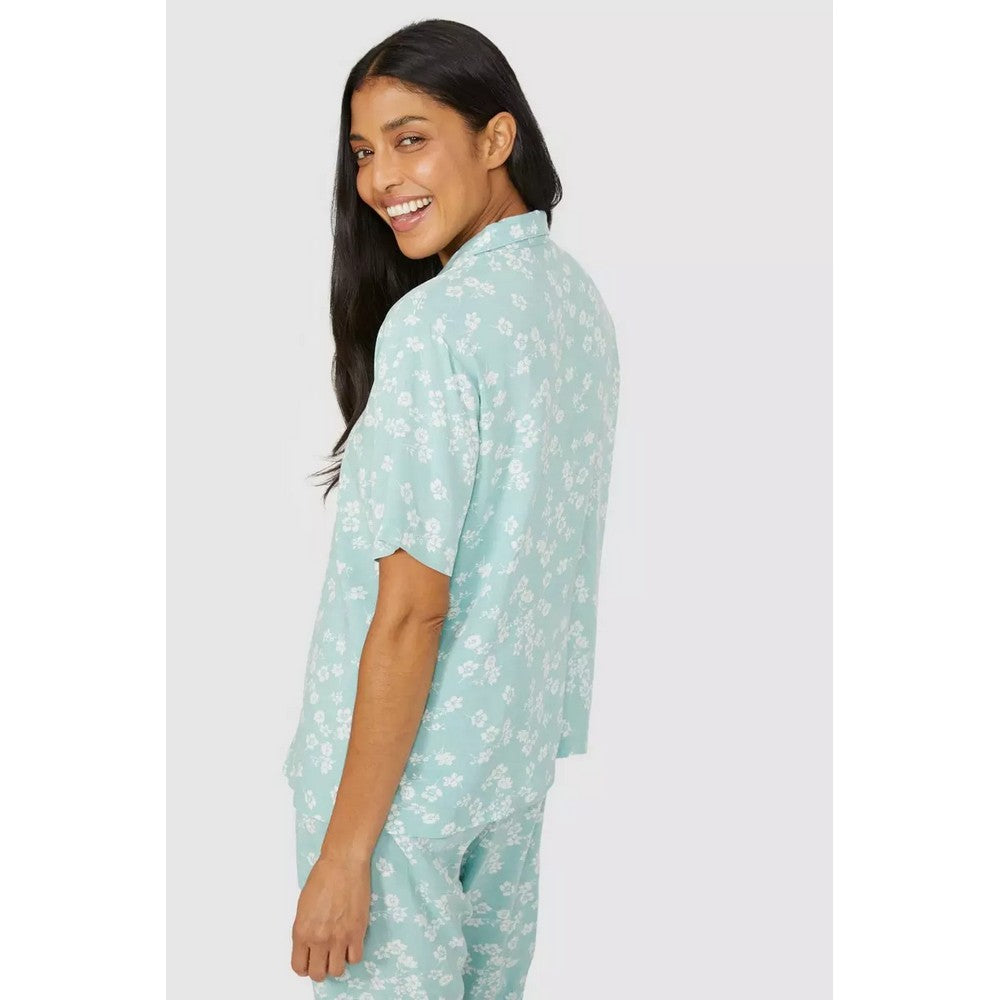 Sage - Back - Debenhams Womens-Ladies Bloom Woven Revere Collar Pyjama Top