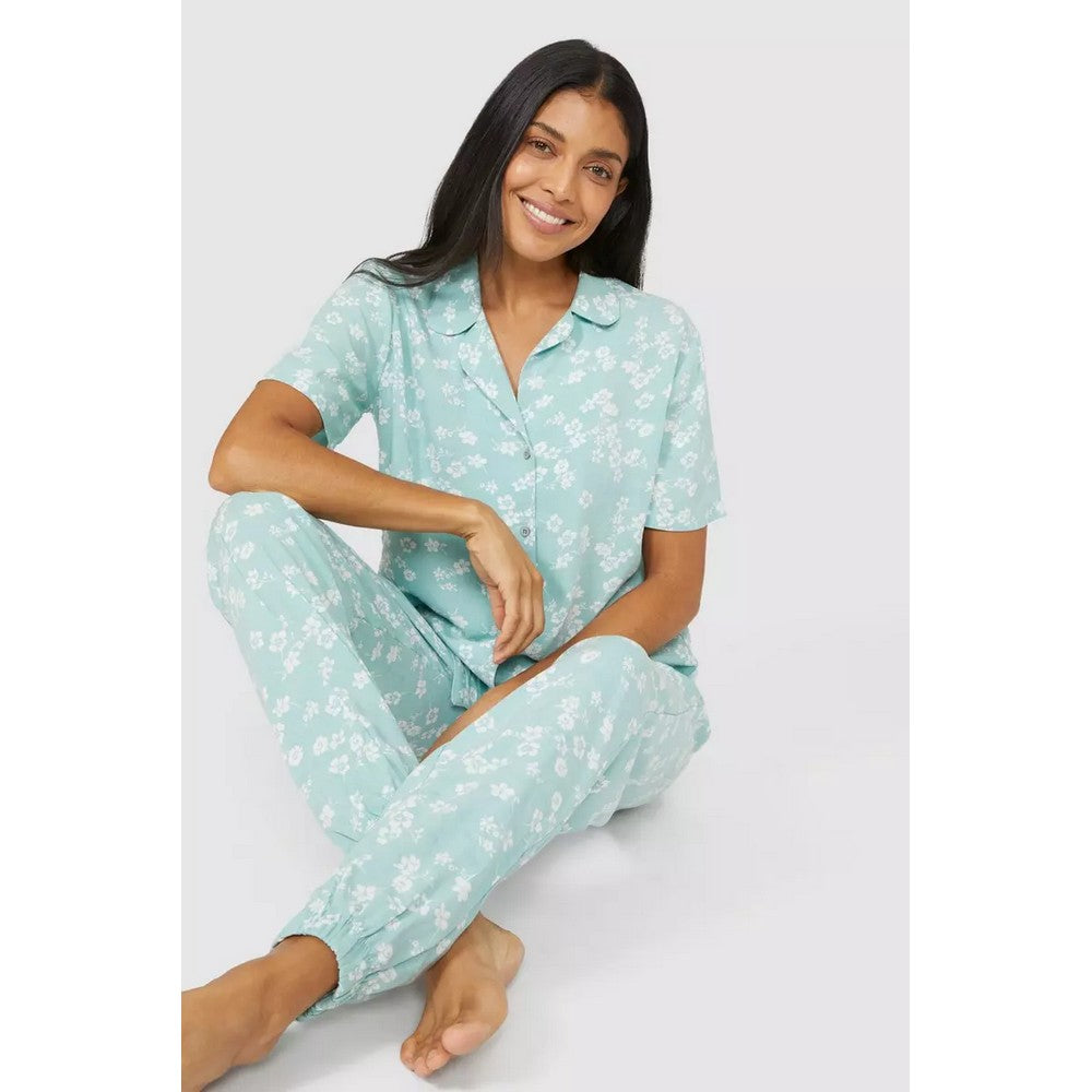 Sage - Pack Shot - Debenhams Womens-Ladies Bloom Woven Revere Collar Pyjama Top