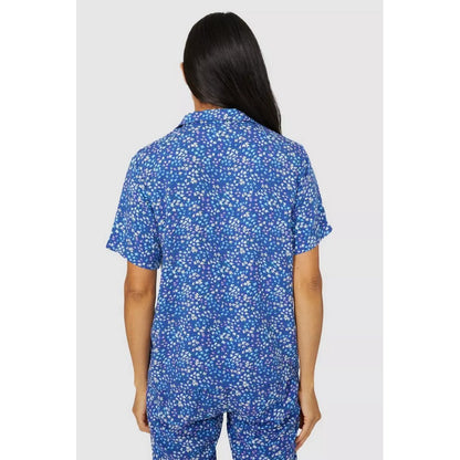 Blue - Back - Debenhams Womens-Ladies Floral Woven Broderie Sleeve Pyjama Top