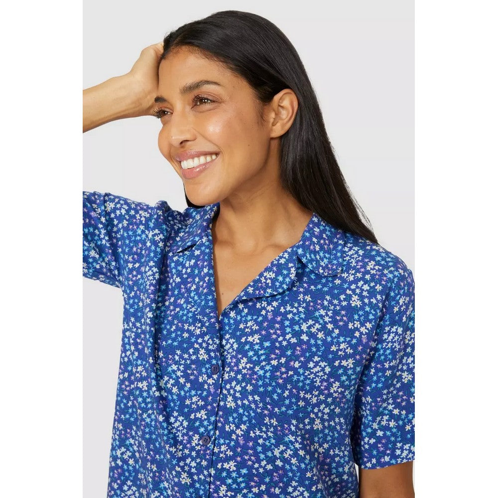 Blue - Side - Debenhams Womens-Ladies Floral Woven Broderie Sleeve Pyjama Top