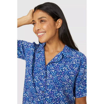 Blue - Side - Debenhams Womens-Ladies Floral Woven Broderie Sleeve Pyjama Top