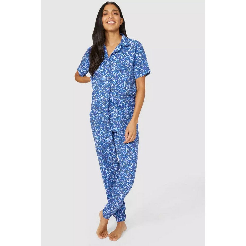 Blue - Lifestyle - Debenhams Womens-Ladies Floral Woven Broderie Sleeve Pyjama Top