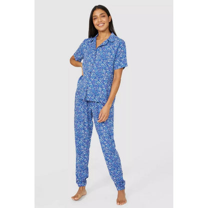 Blue - Pack Shot - Debenhams Womens-Ladies Floral Woven Broderie Sleeve Pyjama Top