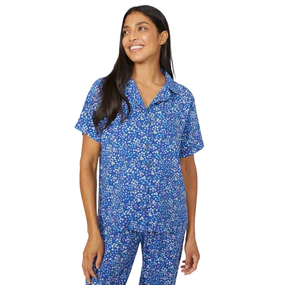 Blue - Front - Debenhams Womens-Ladies Floral Woven Broderie Sleeve Pyjama Top