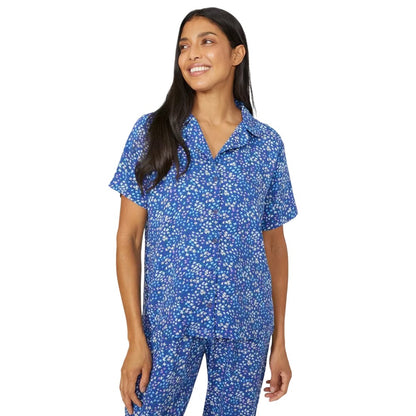Blue - Front - Debenhams Womens-Ladies Floral Woven Broderie Sleeve Pyjama Top