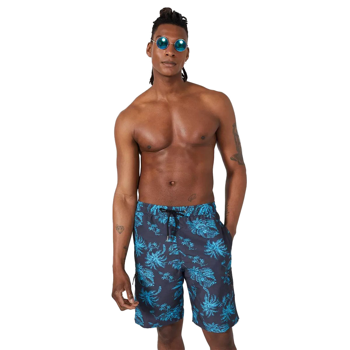Turquoise - Front - Mantaray Mens Exploded Palm Print Quick Dry Swim Shorts