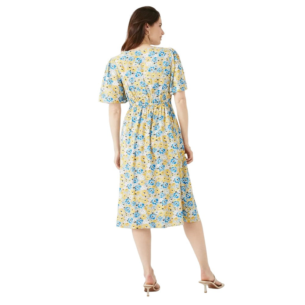 Yellow - Back - Maine Womens-Ladies Ditsy Print Front Tie Midi Dress