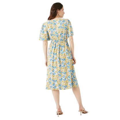 Yellow - Back - Maine Womens-Ladies Ditsy Print Front Tie Midi Dress