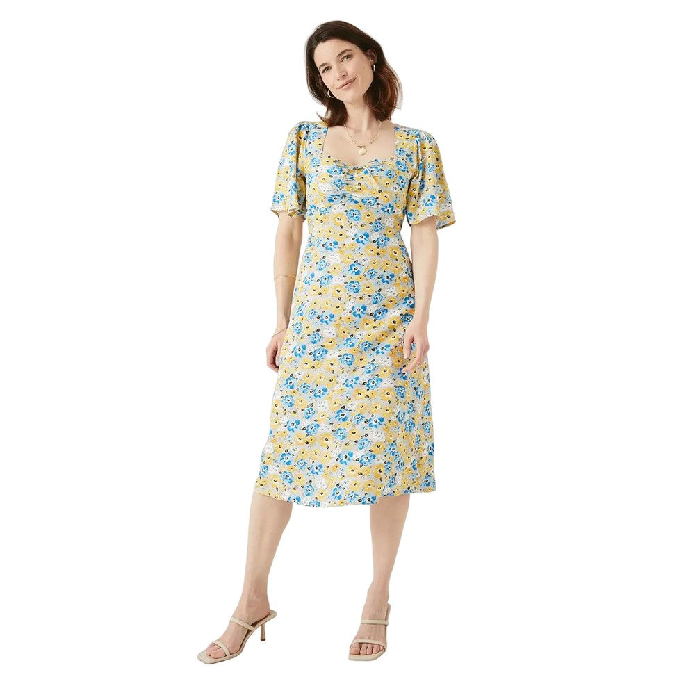 Yellow - Front - Maine Womens-Ladies Ditsy Print Front Tie Midi Dress