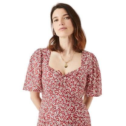 Red - Side - Maine Womens-Ladies Ditsy Print Front Tie Midi Dress