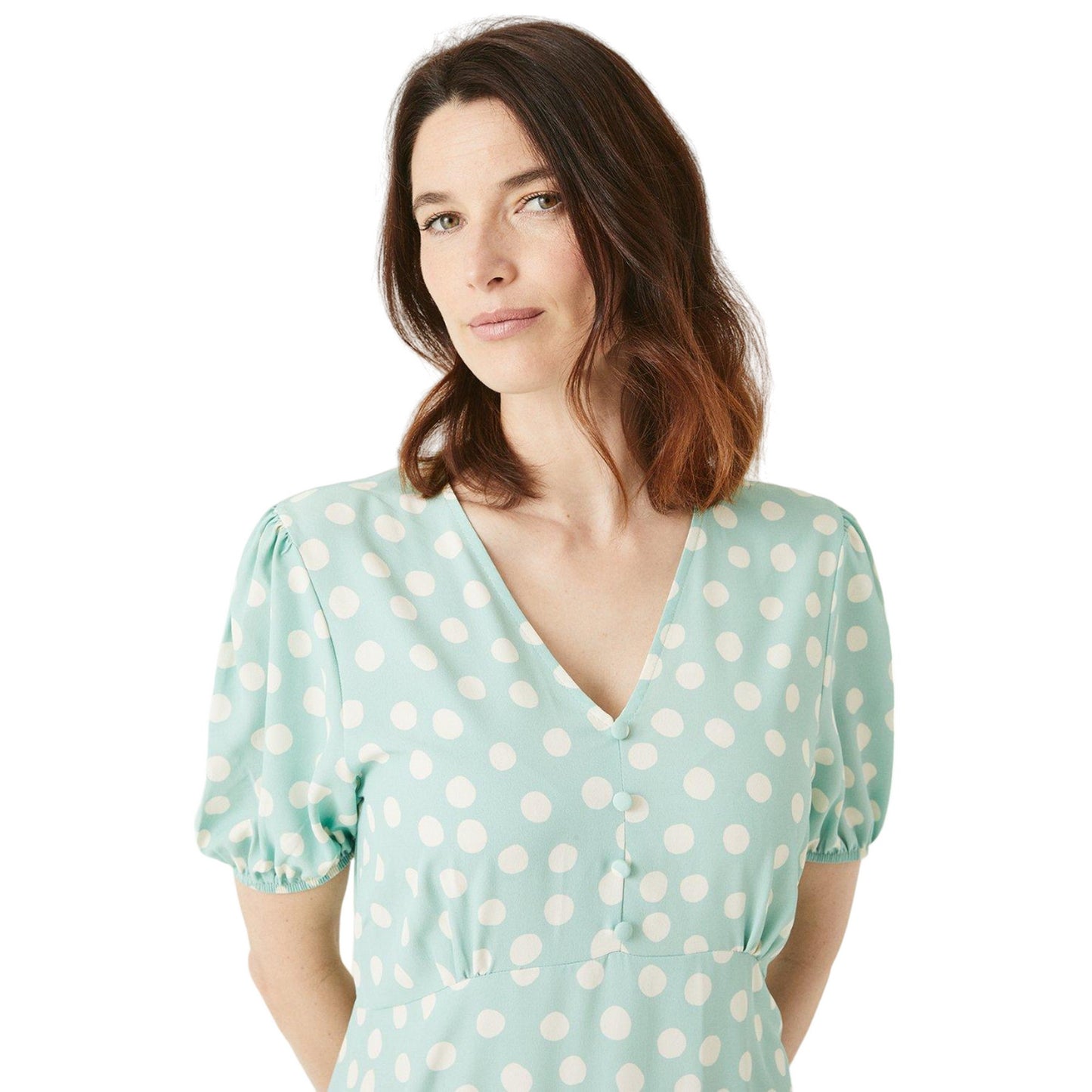 Mint - Side - Maine Womens-Ladies Spotted Puffed Midi Dress