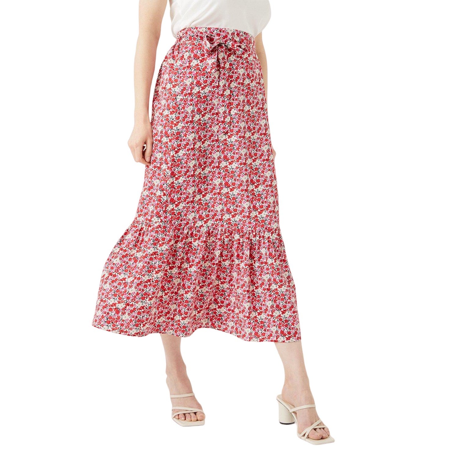 Red - Front - Maine Womens-Ladies Floral Tiered Midi Skirt