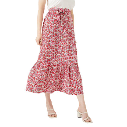 Red - Front - Maine Womens-Ladies Floral Tiered Midi Skirt