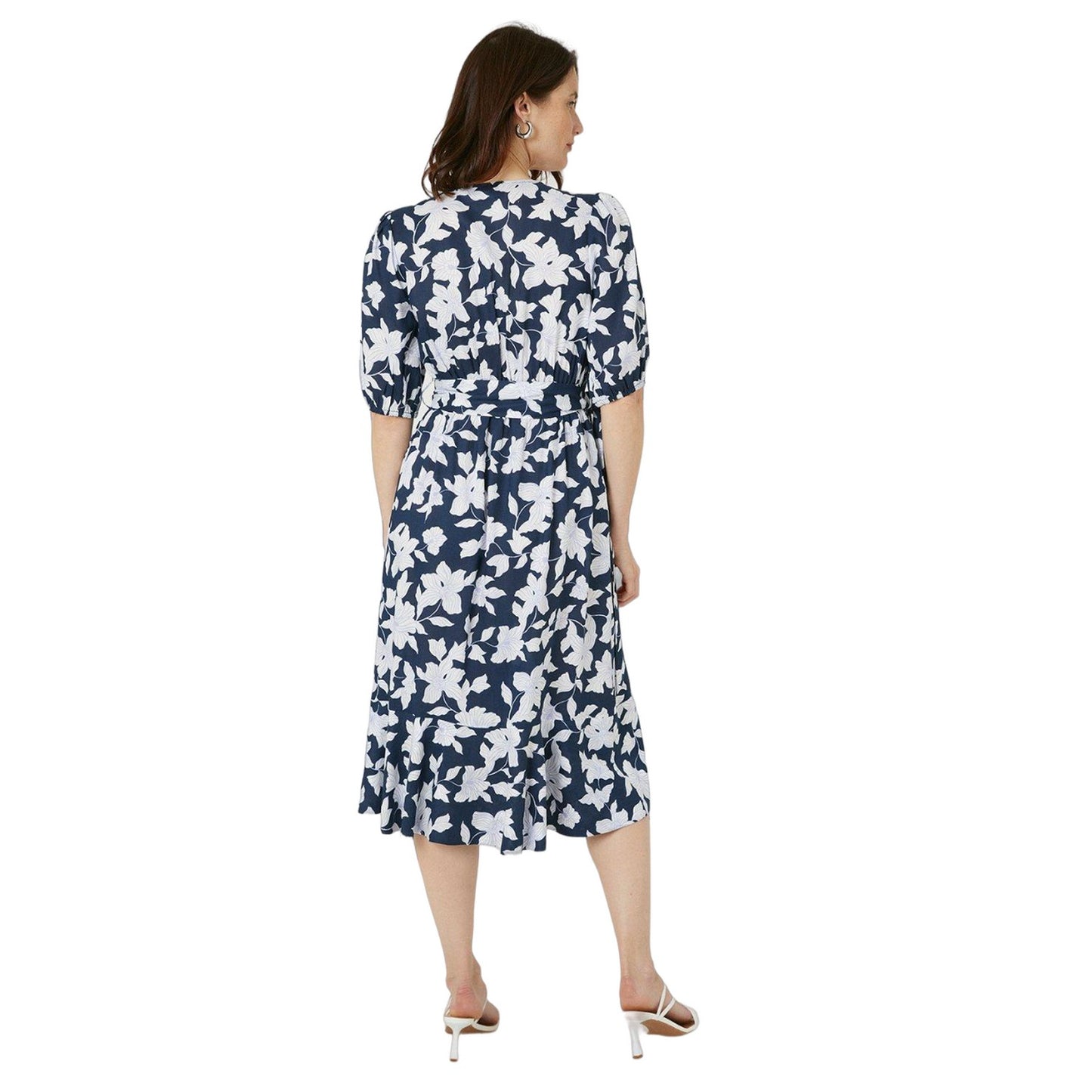 Navy - Back - Maine Womens-Ladies Floral Puff Sleeve Midi Dress