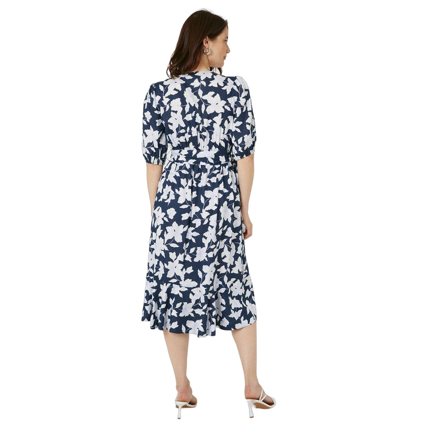 Navy - Back - Maine Womens-Ladies Floral Puff Sleeve Midi Dress