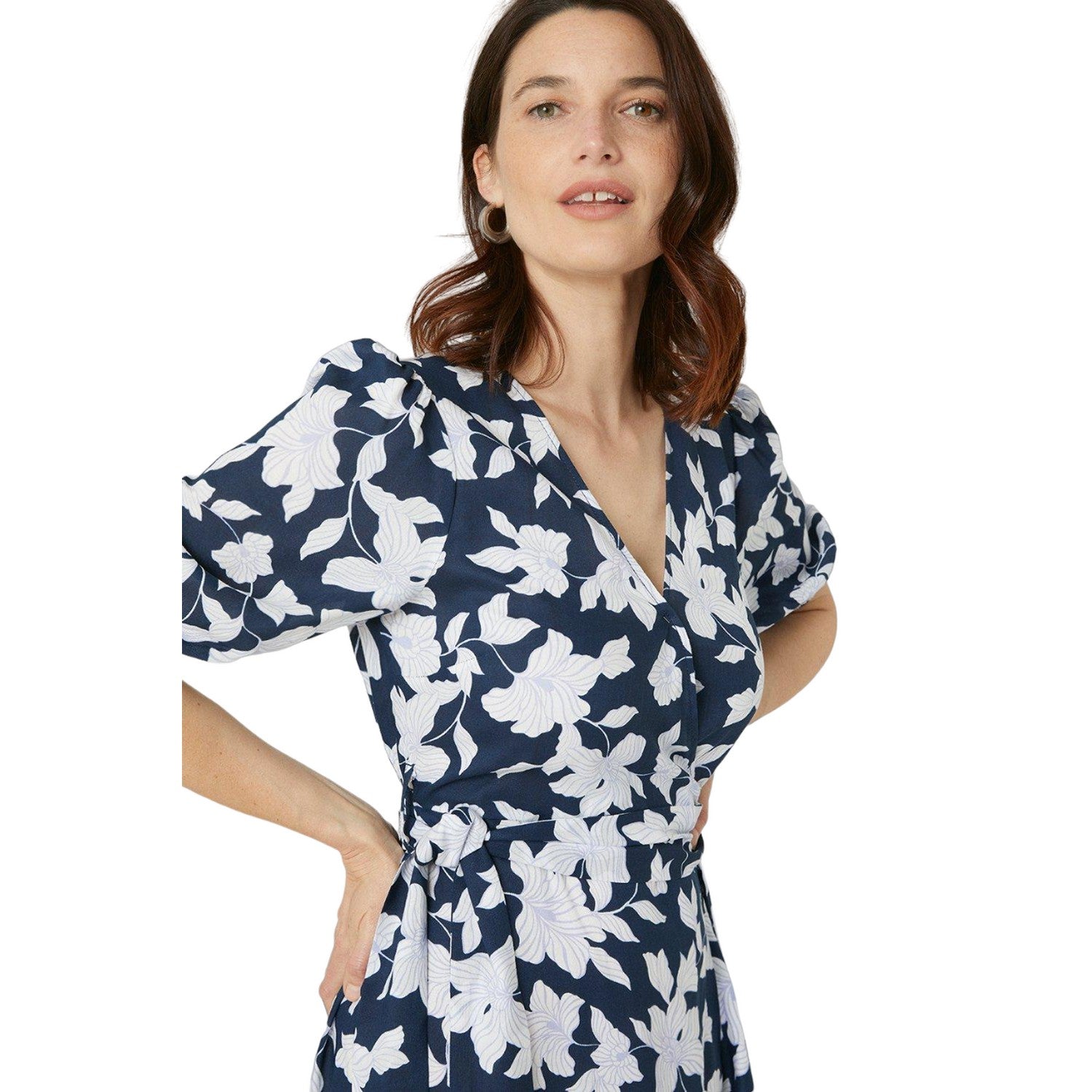Navy - Side - Maine Womens-Ladies Floral Puff Sleeve Midi Dress