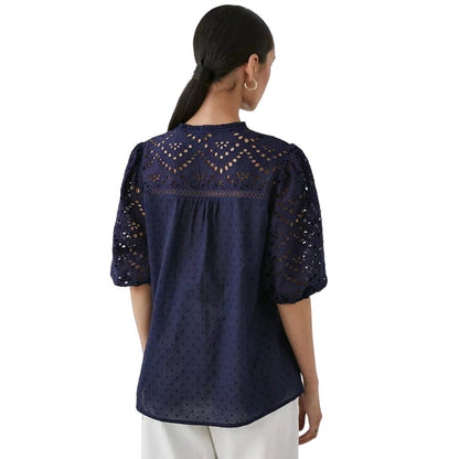 Navy - Back - Principles Womens-Ladies Broderie Dobby Button Through Top