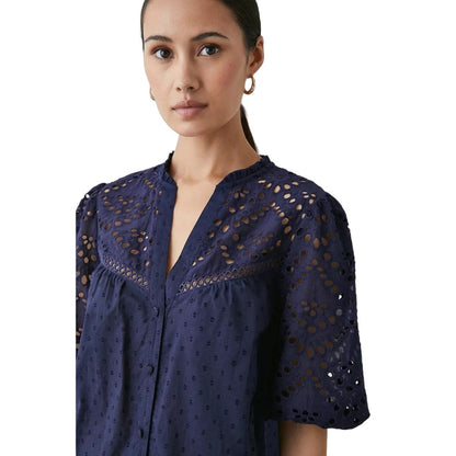 Navy - Side - Principles Womens-Ladies Broderie Dobby Button Through Top