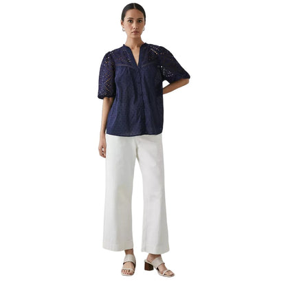 Navy - Lifestyle - Principles Womens-Ladies Broderie Dobby Button Through Top
