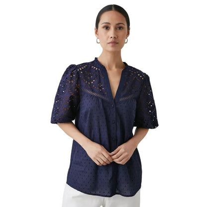 Navy - Front - Principles Womens-Ladies Broderie Dobby Button Through Top