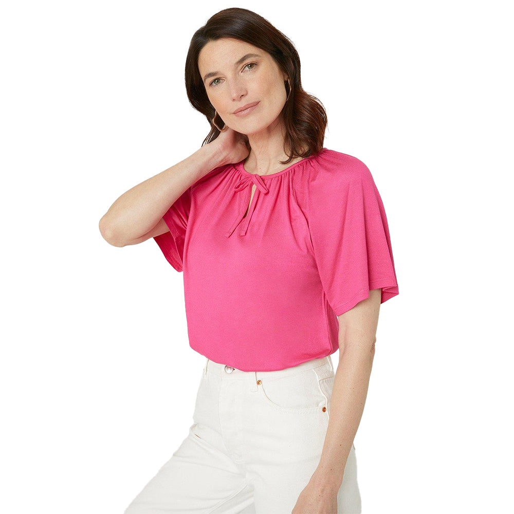 Pink - Front - Maine Womens-Ladies Tie Neck Angel Sleeve Top