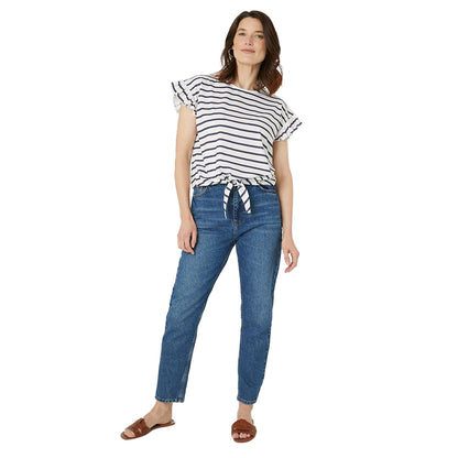 White-Black - Lifestyle - Maine Womens-Ladies Stripe Tied Hem Short-Sleeved Top