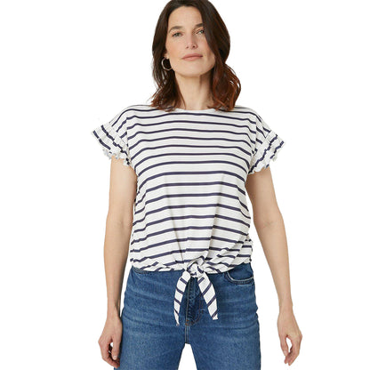White-Black - Front - Maine Womens-Ladies Stripe Tied Hem Short-Sleeved Top
