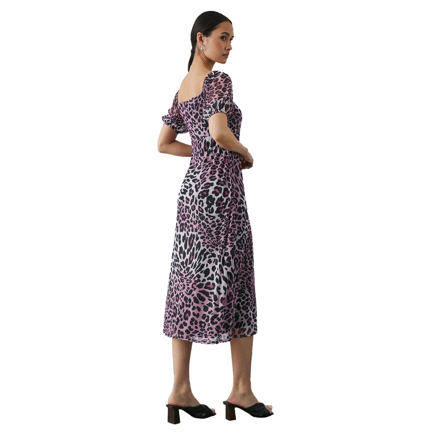 Pink - Back - Principles Womens-Ladies Leopard Print Mesh Sweetheart Midi Dress