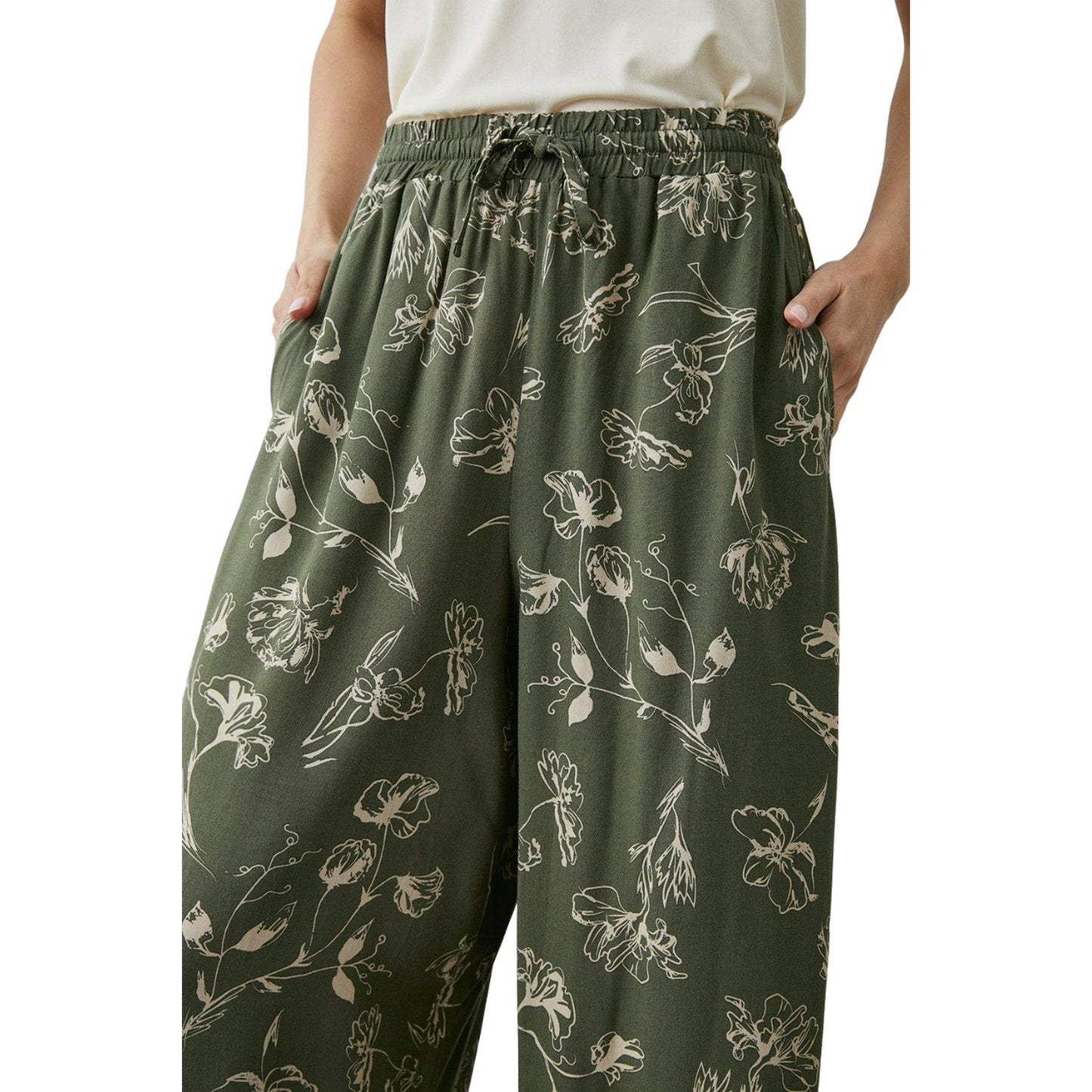 Khaki Green - Side - Principles Womens-Ladies Floral Wide Leg Trousers