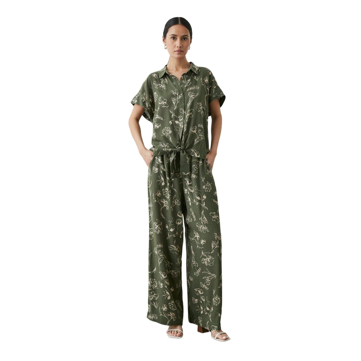 Khaki Green - Lifestyle - Principles Womens-Ladies Floral Wide Leg Trousers