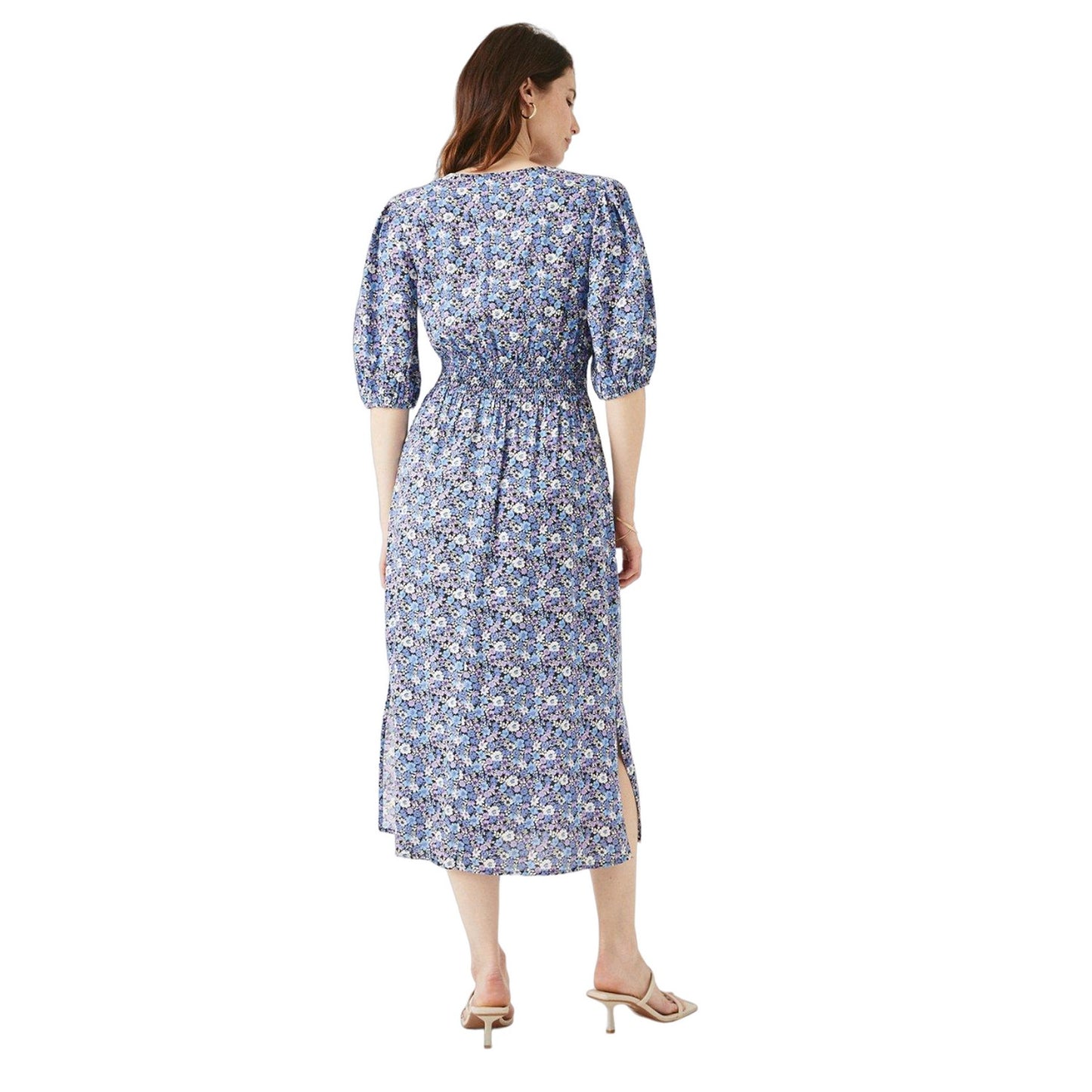 Blue - Back - Maine Womens-Ladies Floral Shirred Waist Midi Dress
