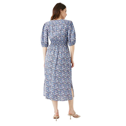 Blue - Back - Maine Womens-Ladies Floral Shirred Waist Midi Dress