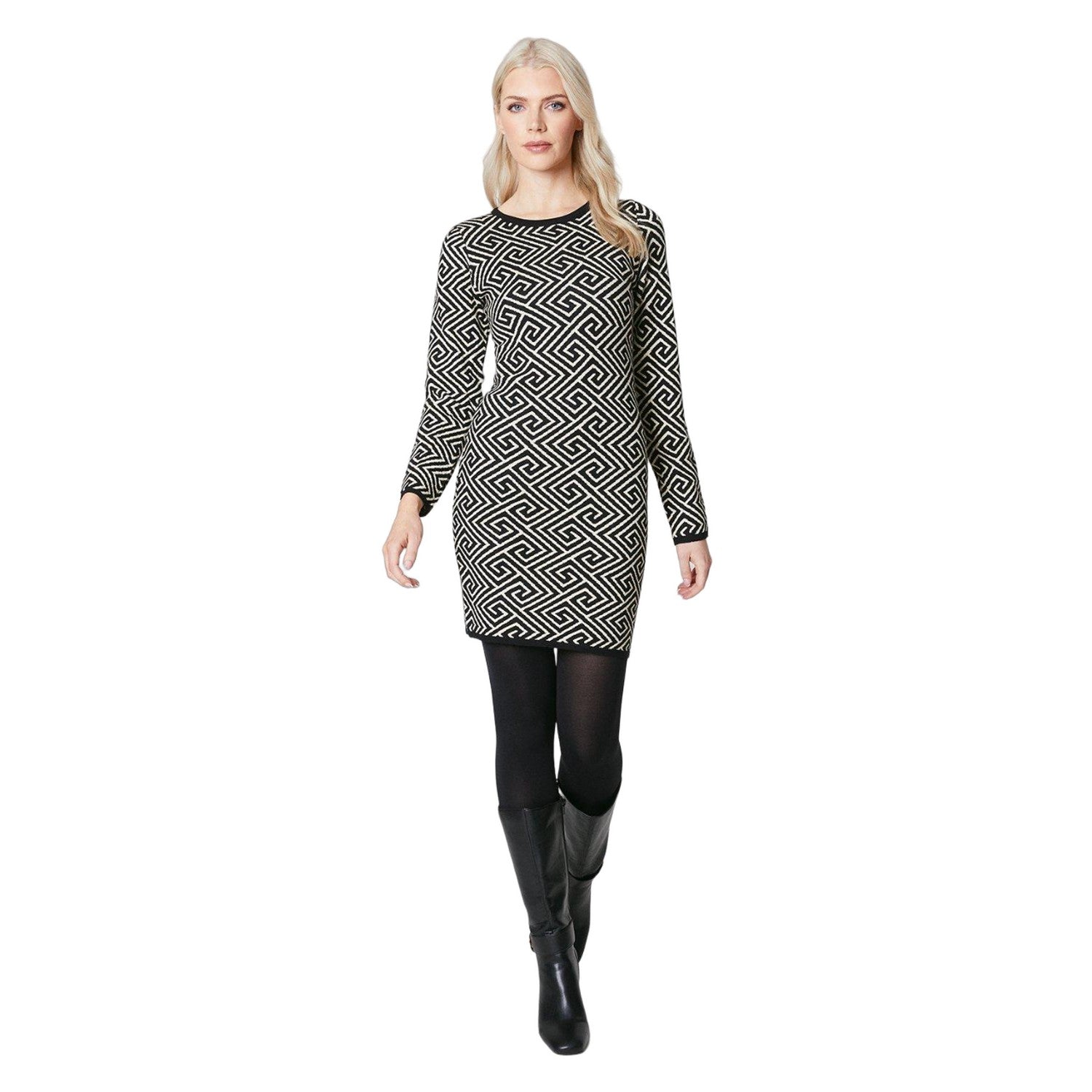 Black-White - Lifestyle - Principles Womens-Ladies Geometric Crew Neck Bodycon Dress