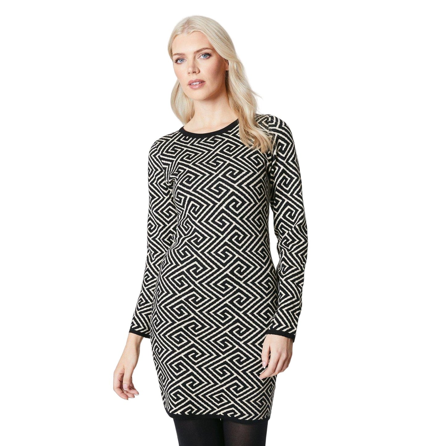 Black-White - Front - Principles Womens-Ladies Geometric Crew Neck Bodycon Dress