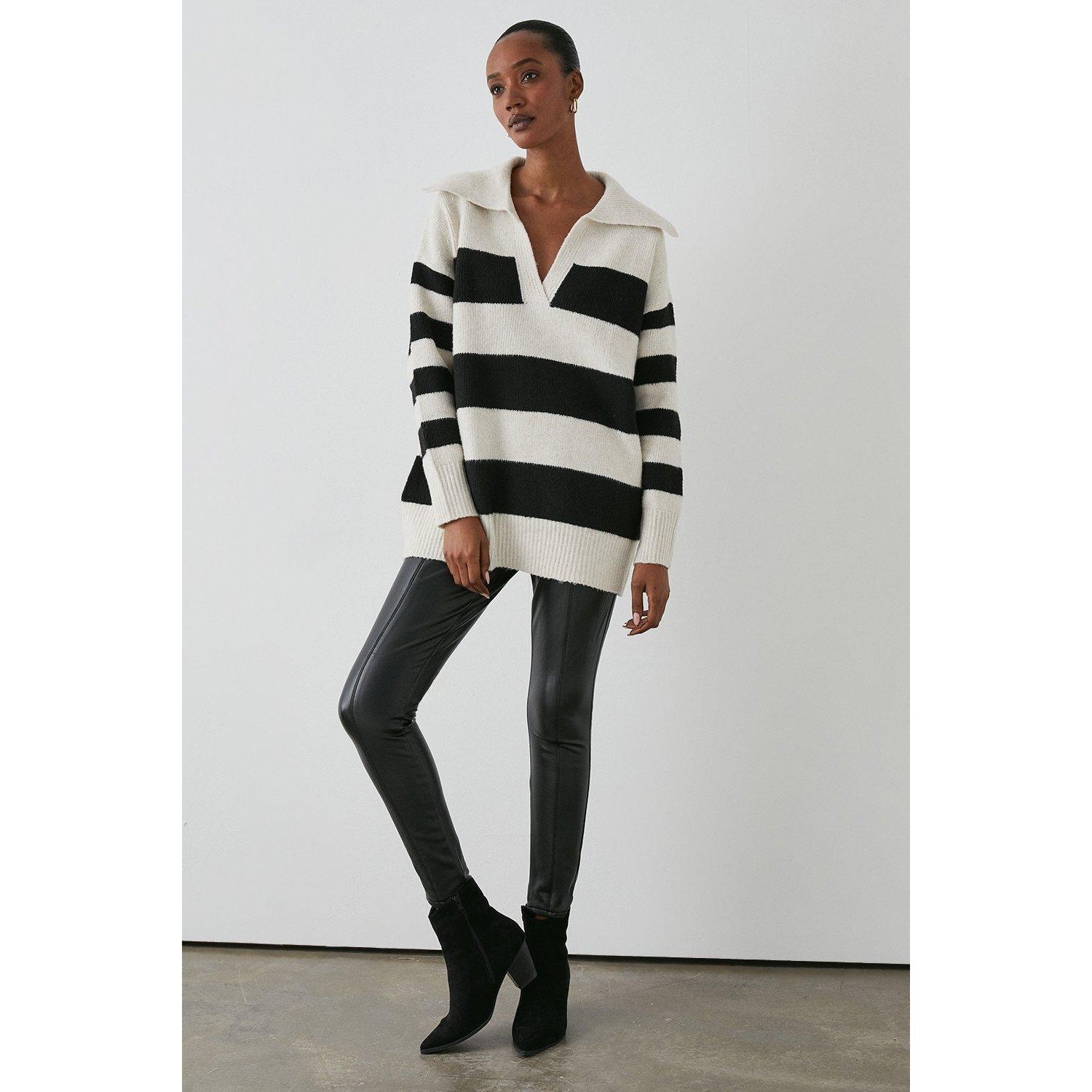 Stone-Black - Front - Principles Womens-Ladies Striped Notch Neck Jumper