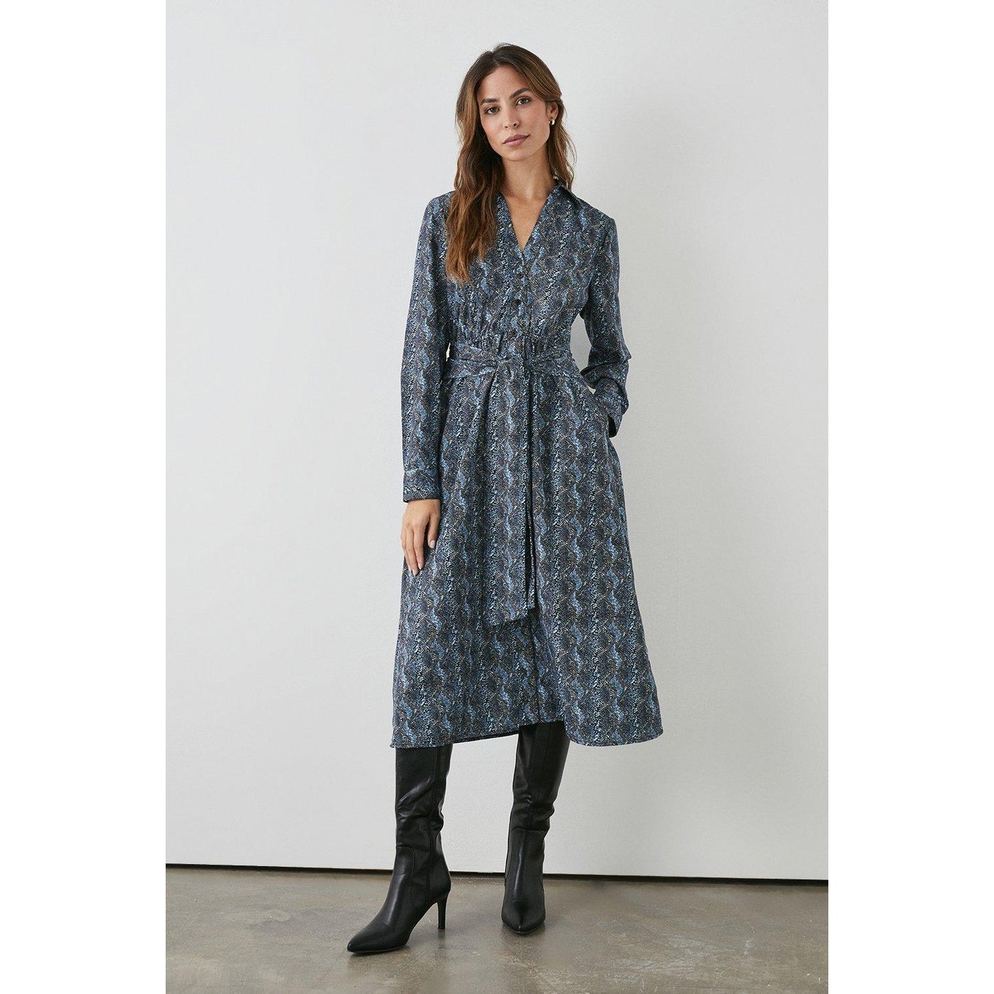 Black - Front - Principles Womens-Ladies Abstract Belt Midi Shirt Dress