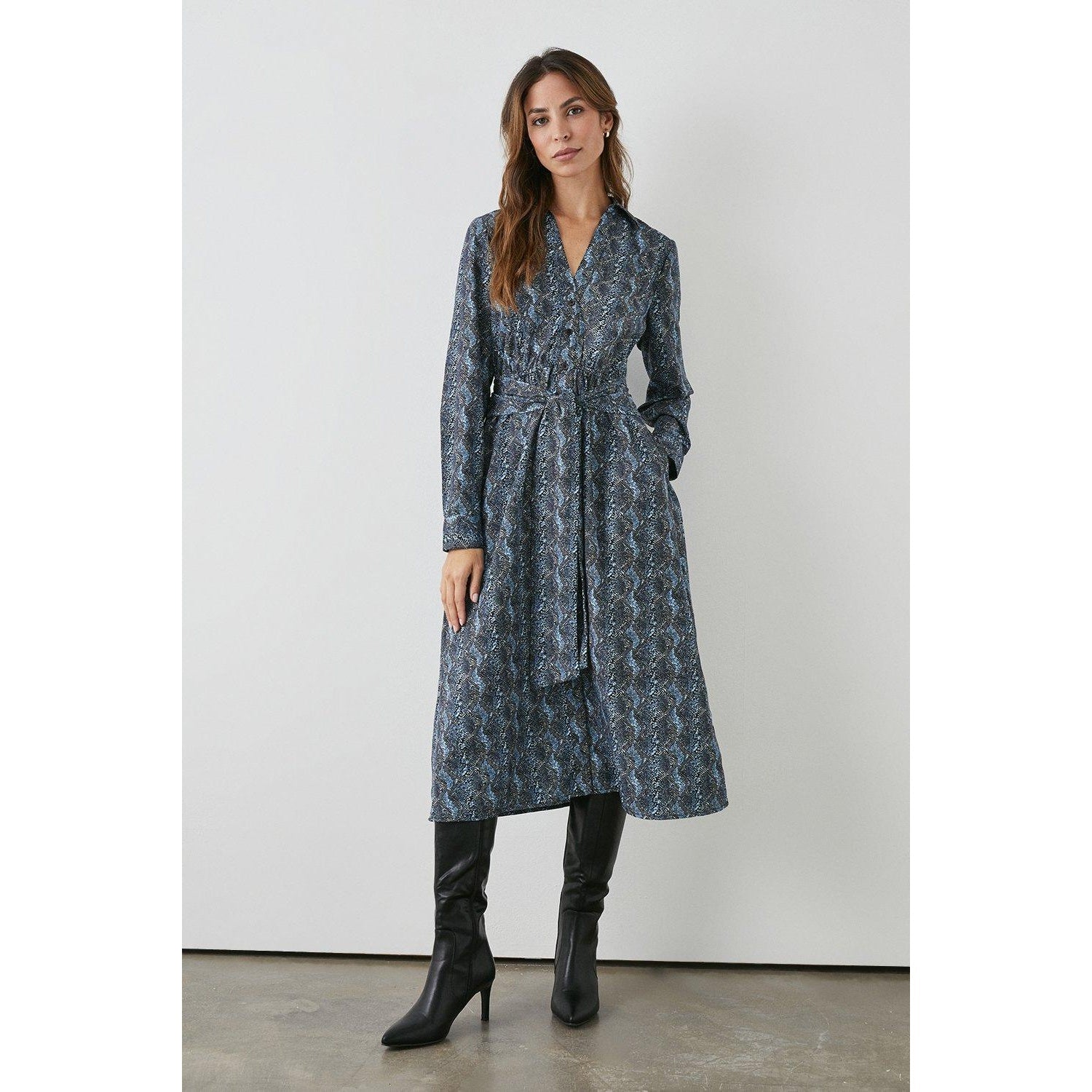 Black - Front - Principles Womens-Ladies Abstract Belt Midi Shirt Dress