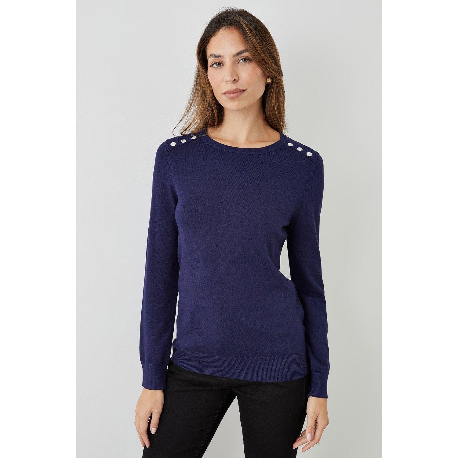 Navy - Front - Principles Womens-Ladies Buttons Crew Neck Jumper