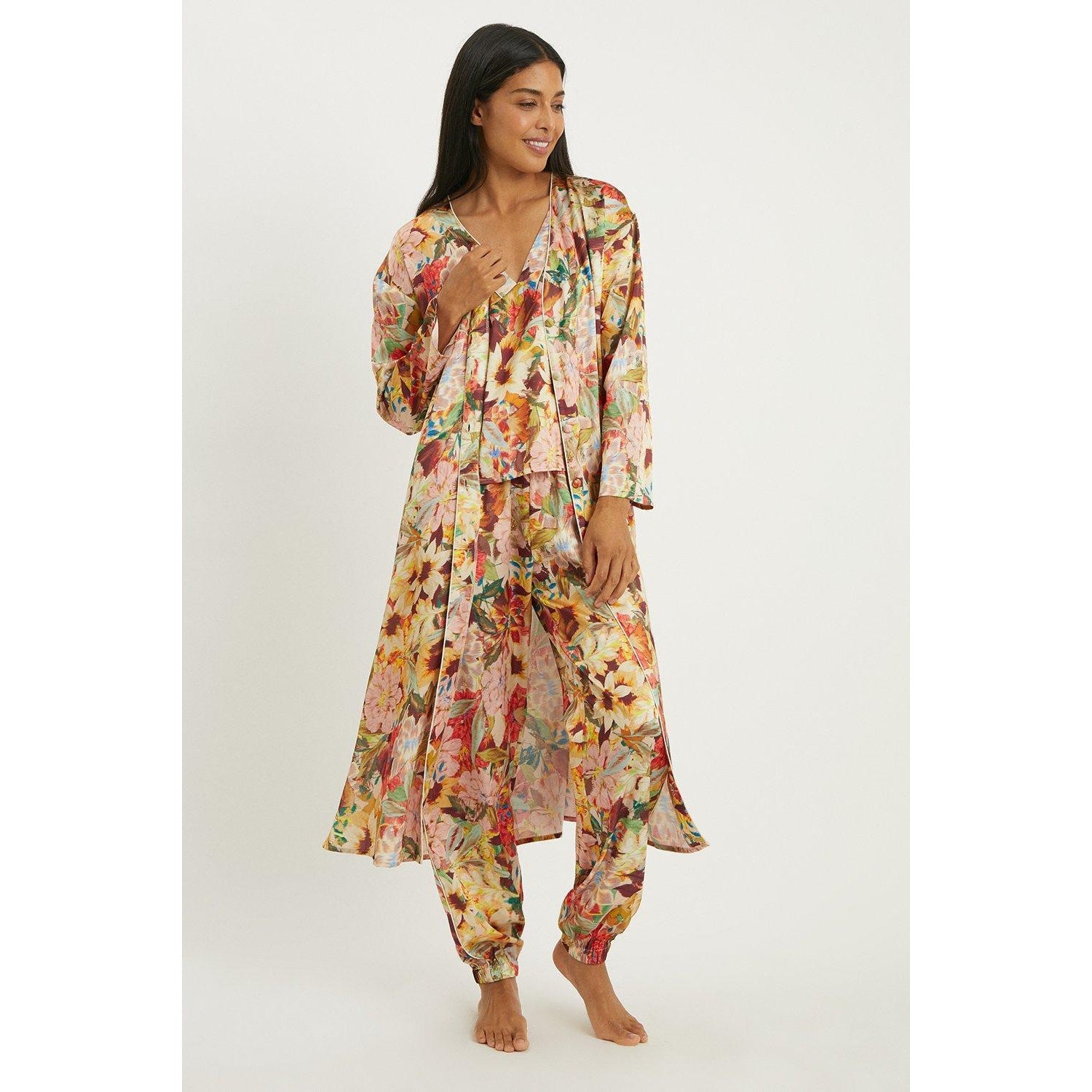 Multicoloured - Front - Debenhams Womens-Ladies Autumn Garden Button-Down Robe