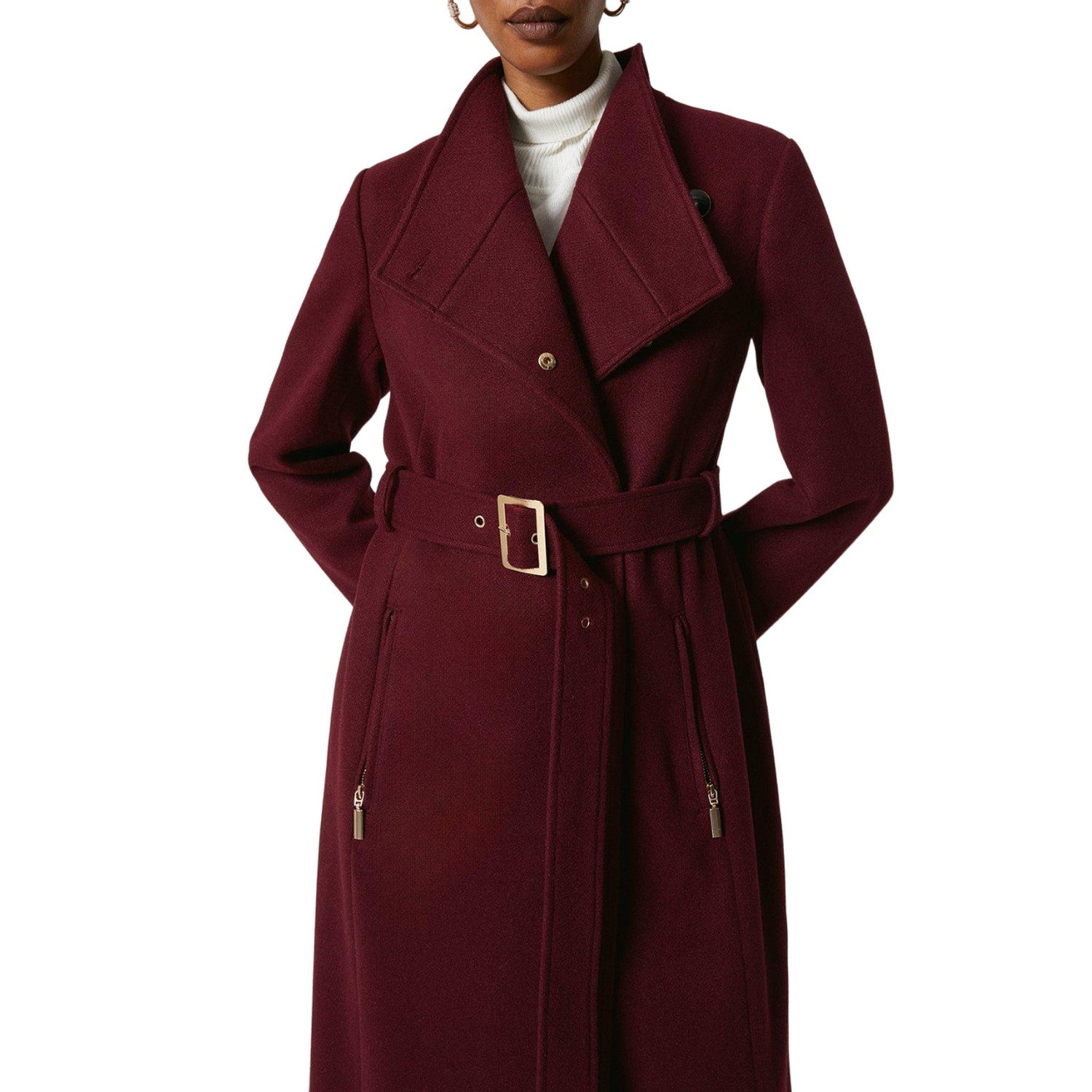 Burgundy - Side - Principles Womens-Ladies Belted Hardware Detail Coat