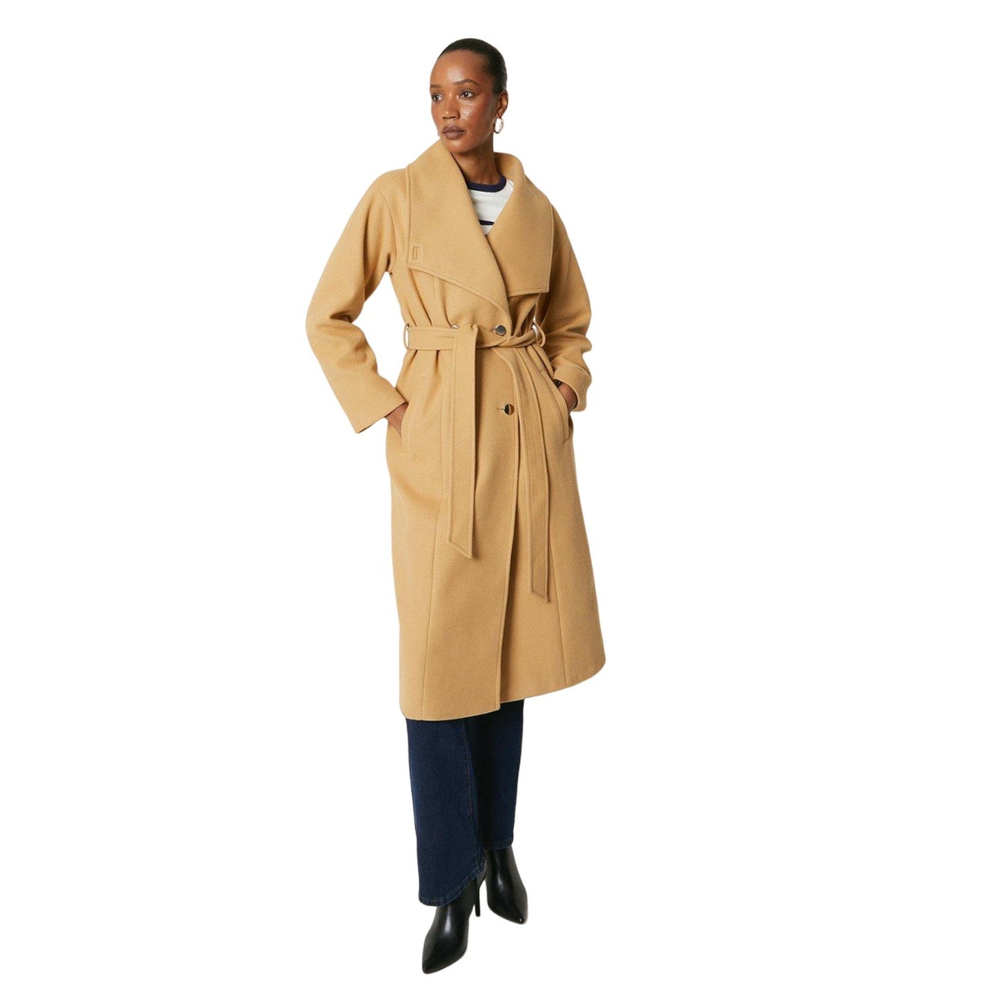 Camel - Front - Principles Womens-Ladies Belted Hardware Detail Coat