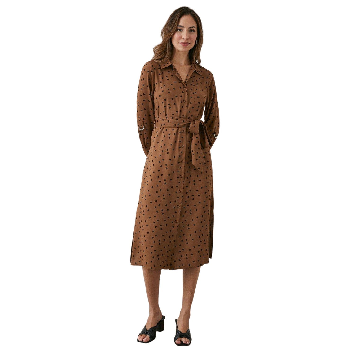 Brown-Black - Lifestyle - Principles Womens-Ladies Waist Tie Midi Shirt Dress