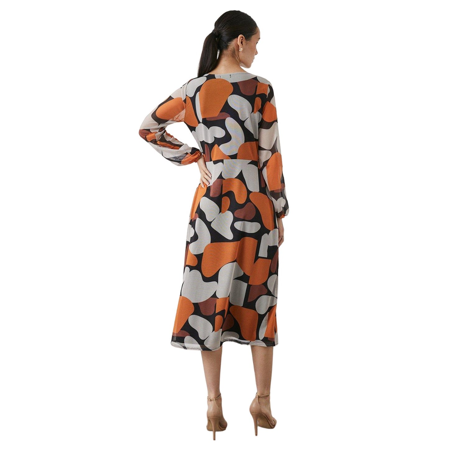 Orange - Back - Principles Womens-Ladies Abstract Mesh Wrap Midi Dress