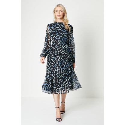 Black-Blue - Front - Principles Womens-Ladies Leopard Print Pleated Midi Dress