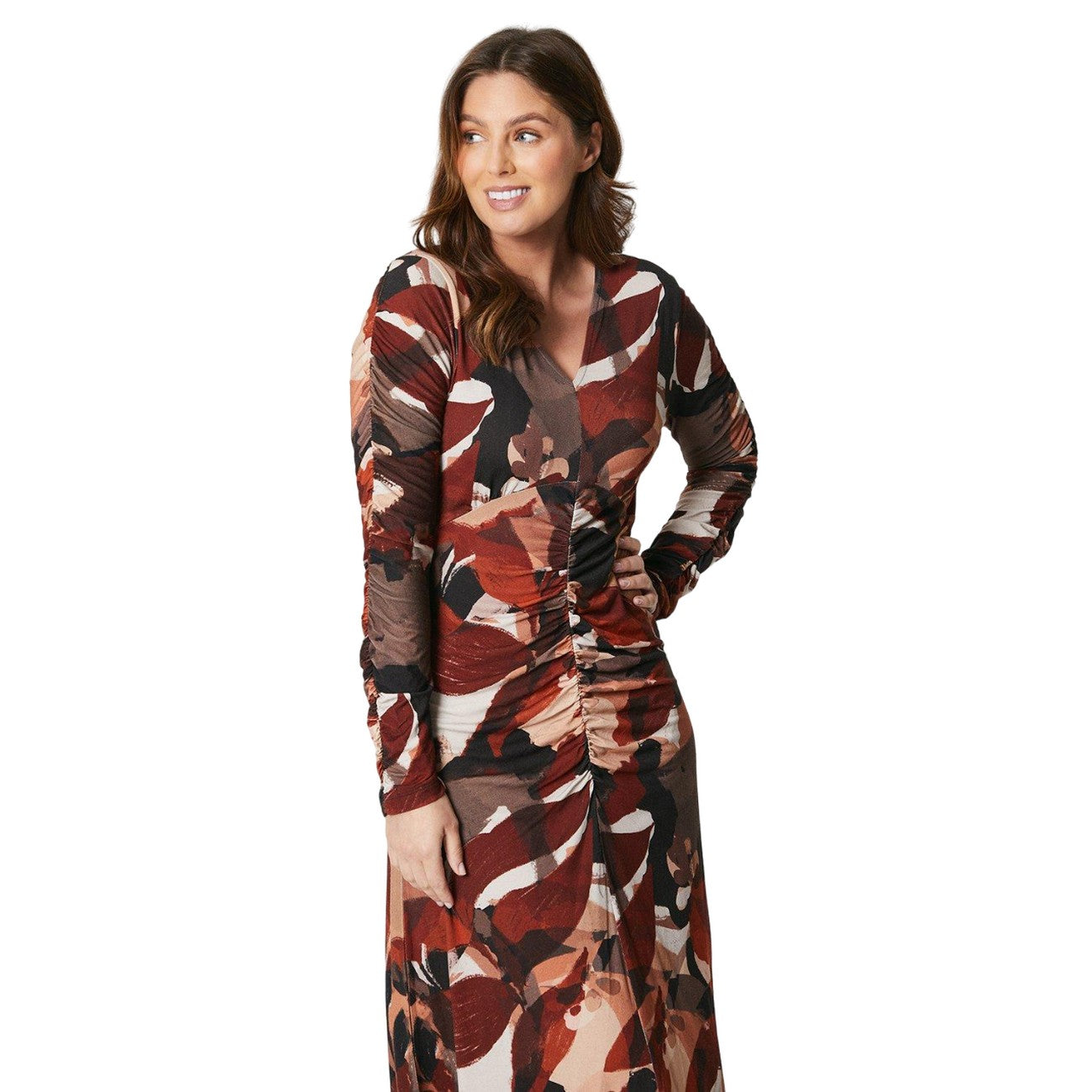 Brown-Black - Side - Principles Womens-Ladies Floral Ruched Front Midi Dress