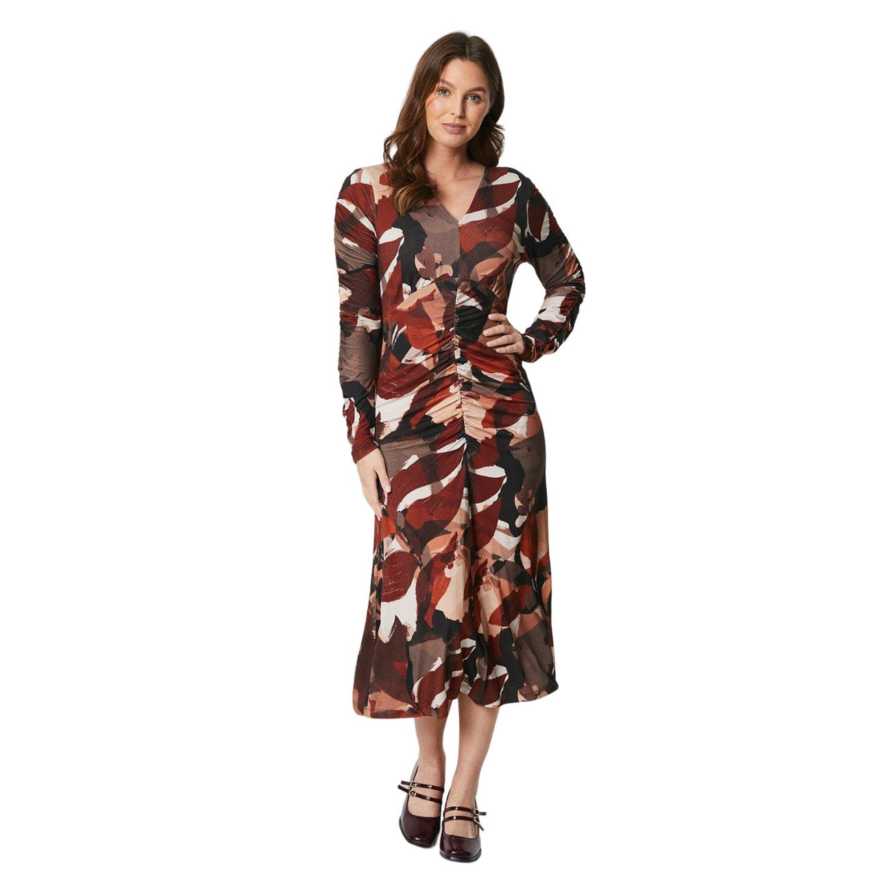 Brown-Black - Front - Principles Womens-Ladies Floral Ruched Front Midi Dress