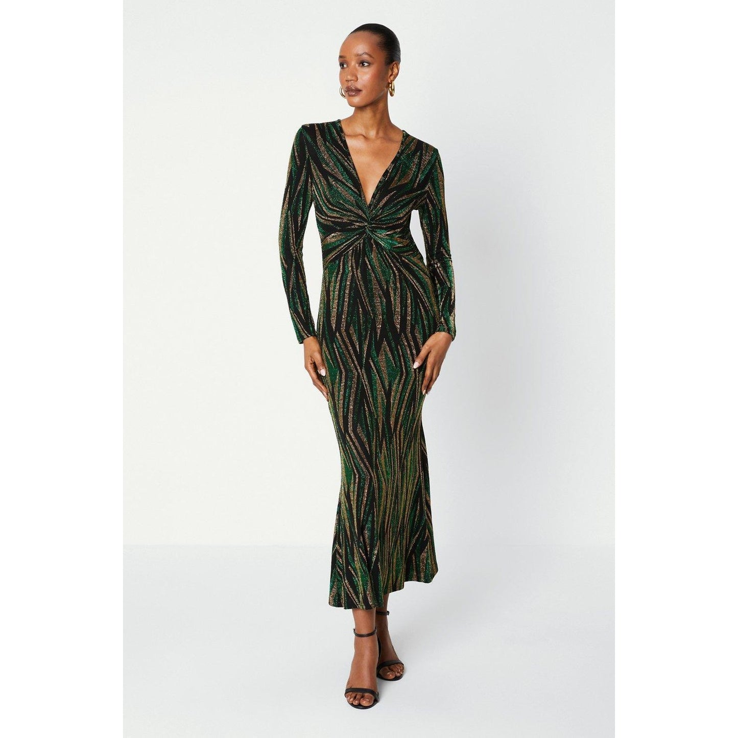 Green-Black-Gold - Front - Principles Womens-Ladies Glitter Jersey Twisted Midi Dress