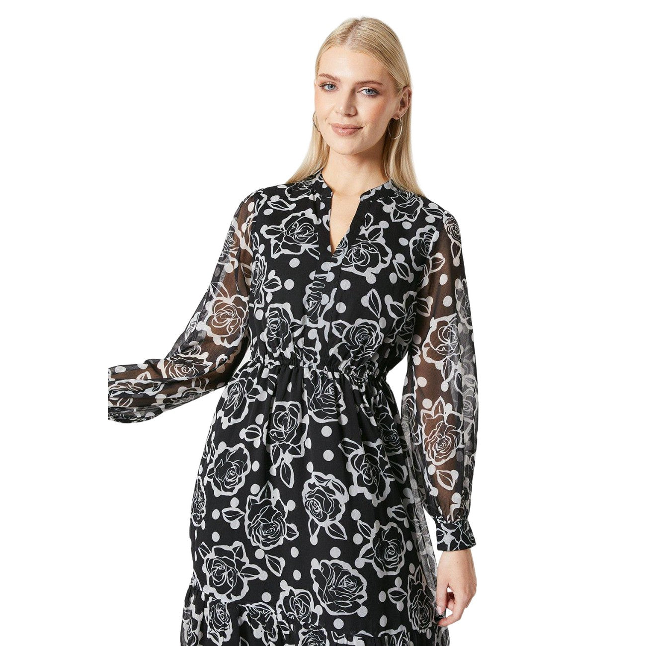 Monochrome - Side - Principles Womens-Ladies Floral Contrast Collar Midi Dress