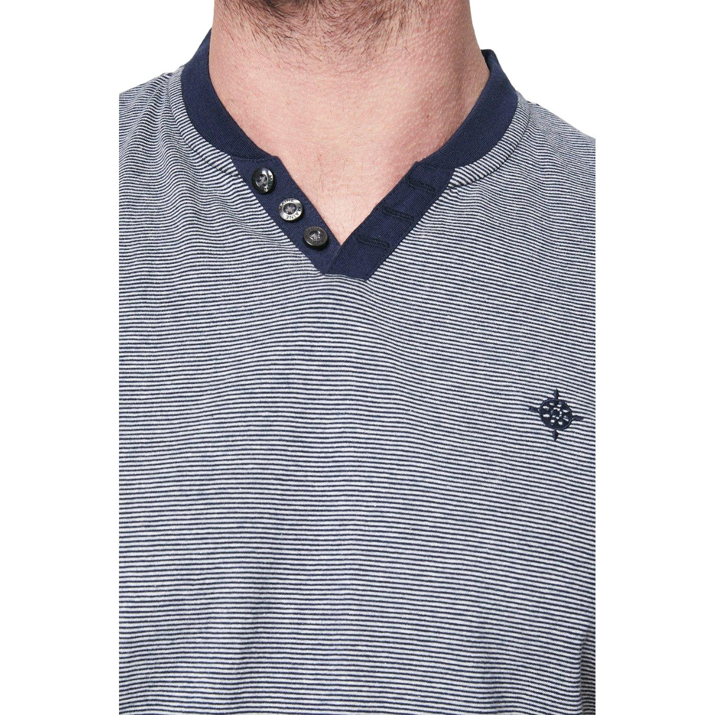 Navy - Side - Maine Mens Feeder Striped Notch Neck T-Shirt